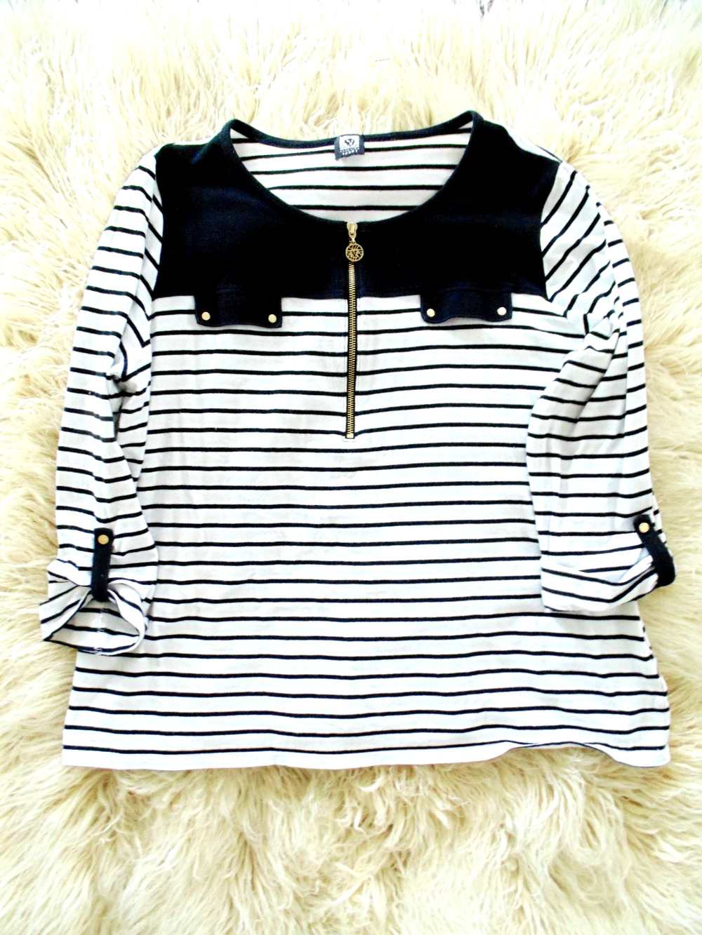 Anne Klein Sport Chic Classic White Black Stripe Knit Tunic Top 1X Gold Accents